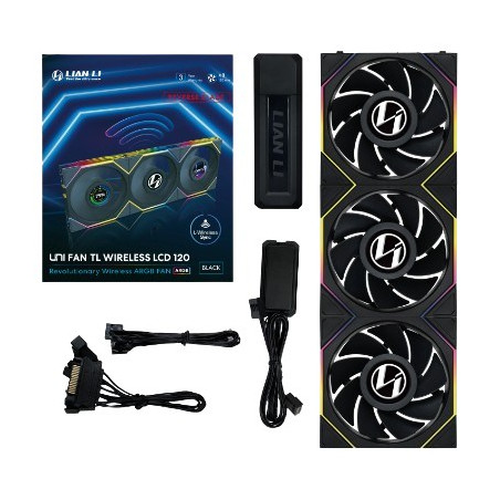 Lian Li UNI FAN TL Wireless LCD Fan, ARGB, PWM, 3-Pack incl. Controller - Reverse Blade, 120mm, black