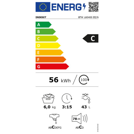 INDESIT | Washing machine | BTW L60400 EE/N | Energy efficiency class C | Top loading | Washing capacity 6 kg | 950 RPM | Depth 60 cm | Width 40 cm | White