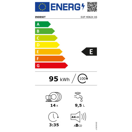 INDESIT Dishwasher | D2F HD624 AS | Free standing | Width 60 cm | Number of place settings 14 | Number of programs 9 | Energy efficiency class E | Display | Silver
