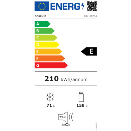 Gorenje | Refrigerator | RK416EPS4 | Energy efficiency class E | Free standing | Combi | Height 161.3 cm | Fridge net capacity 159 L | Freezer net capacity 71 L | 39 dB | Grey