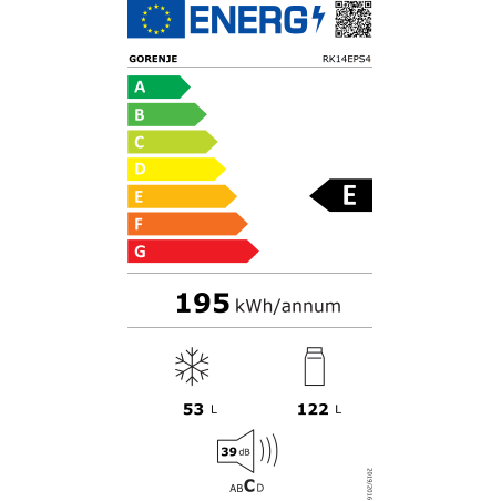 Gorenje | Refrigerator | RK14EPS4 | Energy efficiency class E | Free standing | Combi | Height 143 cm | Fridge net capacity 122 L | Freezer net capacity 53 L | 39 dB | Silver
