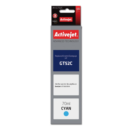 Activejet AH-GT52C Ink Bottle (Replaces HP GT52C M0H54AE; Supreme; 70 ml; 8000 pages, cyan)