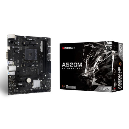 Mainboard|BIOSTAR|AMD A520|SAM4|Micro-ATX|Memory DDR4|Memory slots 2|2xPCI-Express 3.0 1x|1xPCI-Express 3.0 16x|1xM.2|1x15pin D-sub|1xHDMI|4xUSB 2.0|2xUSB 3.2|1xPS/2|1xRJ45|3xAudio port|A520MHP