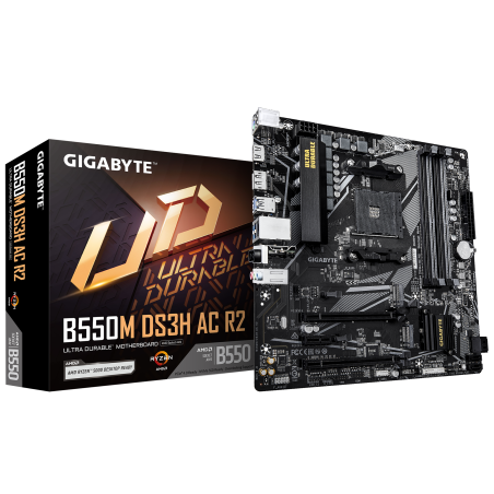 Mainboard|GIGABYTE|AMD B550|Socket AM4|micro ATX|RAM DDR4-SDRAM|4xSlots|Wi-Fi Yes|Bluetooth Yes|2xNumber of M.2 (M) slots|GIGABYTE B550M DS3H AC R2|B550MDS3HACR2