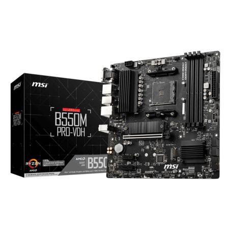 Mainboard|MSI|AMD B550|SAM4|MicroATX|Memory DDR4|Memory slots 4|2xPCI-Express 3.0 1x|1xPCI-Express 4.0 16x|2xM.2|1x15pin D-sub|1xHDMI|1xDisplayPort|2xAudio-In|1xAudio-Out|2xUSB 2.0|4xUSB 3.2|1xPS/2|1xRJ45|B550MPRO-VDH
