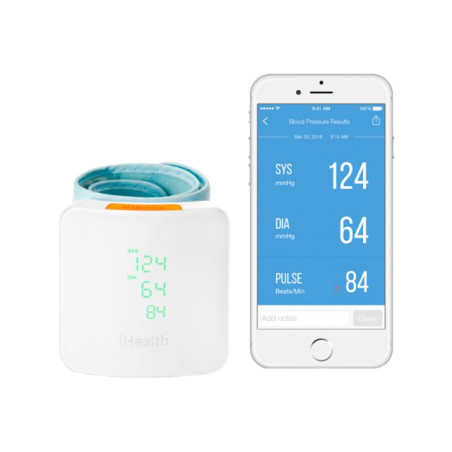 iHealth | Wrist Blood Pressure Monitor | BP7S | White | Blood pressure readings are stored on the secure, free, HIPAA compliant iHealth Cloud. Monitor blood pressure and pulse trends with intuitive charts and share data with your doctor in PDF or spreadsheet format right from your smartphone, tablet or computer. Wireless communication: Bluetooth V3.0+EDR Class 2 SPP. Measuring method: Oscillometric, automatic inflation and measurement. | Wireless | Weight 105 g