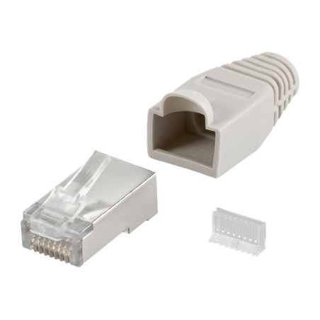 Goobay 68746  RJ45 plug, CAT 5e STP shielded with strain-relief boot, grey | for round cable with Threader   cable lead in 6.4 mm single packed (1 set per polybag)  Technical specifications  Connections  Connection, type  RJ45 male (8P8C)   Connection, contact material  gold-plated 3µ   Contacting  8 Pin   Cable  Specification  CAT 5e   Shielding class  STP   AWG  26-24   General  Consumption Unit  10 pcs. polybag   Color  grey