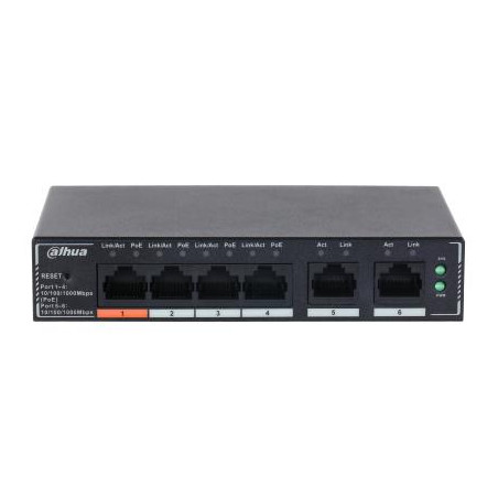 Switch|DAHUA|DH-SG4006P|Switch layer L2|6xRJ-45 ports|RJ-45 Ports Type Gigabit Ethernet (10/100/1000)|4xPower over Ethernet (PoE) ports quantity|Total Power over Ethernet (PoE) budget 60 W|SG4006P