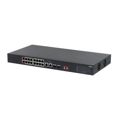 Switch|DAHUA|S3218-16ET-135|Switch type Unmanaged|Switch layer L2|Rack mounting Yes|Stackable Yes|Form factor 1U|16xRJ-45 ports|RJ-45 Ports Type Gigabit Ethernet (10/100/1000)|2xSFP module slots quantity|Power over Ethernet (PoE) Yes|2xPower over Ethernet (PoE) ports quantity|Total Power over Ethernet (PoE) budget 135 W|S3218-16ET-135