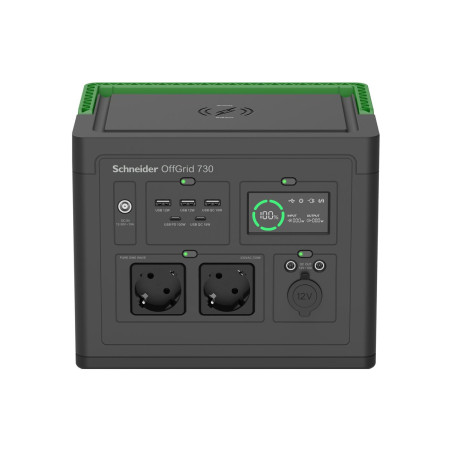 Schneider Electric OffGrid Portable Power Station 730, 738Wh Lithium-ion, LCD, 2 CEE 7/3 Schuko outlets, Sinewave, 3 USB-A, 2 USB-C, Wireless Charger | PPS730-GR