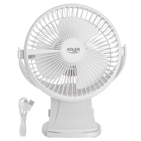 Adler Rechargeable Clip-on Desk Fan | AD 7342 | Table Fan | 5 W | Diameter 15.5 cm | Number of speeds 3 | Oscillation | White
