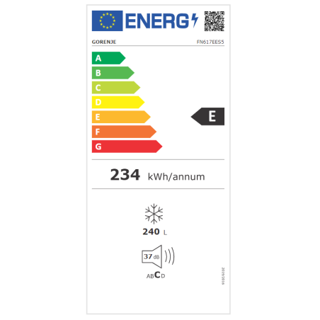 Gorenje | Freezer | FN617EES5 | Energy efficiency class E | Upright | Free standing | Height 172 cm | Total net capacity 240 L | No Frost system | Display | Stainless Steel