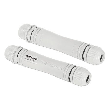 Intellinet Ultra Long Range Outdoor Fast Ethernet PoE+ Extender Kit Extends PoE up to 1000 m (3280 ft.), One PD Port up to 95 W, IEEE 802.3bt (4PPoE) Compatible, IP67 Waterproof and Dustproof, Set of Two Modules, Plastic, Gray