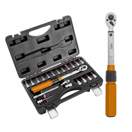 Neo Tools 1/4" bi-directional torque wrench, 5-25NM, set of 21 pcs.