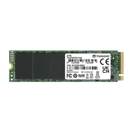SSD|TRANSCEND|2TB|PCIe Gen3|NVMe|NAND flash technology 3D NAND|Write speed 1900 MBytes/sec|Read speed 3200 MBytes/sec|Form Factor M.2|TBW 800 TB|MTBF 200000 hours|TS2TMTE115S