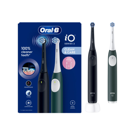 Oral-B Electric Toothbrush, Duo pack | iO2 Series | Rechargeable | For adults | Number of brush heads included 2 | Number of teeth brushing modes 3 | Night Black and Green Forest