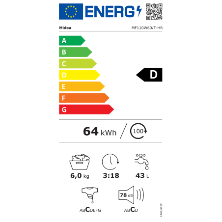 Midea | Washing Machine | MF110W60/T-HR | Energy efficiency class D | Front loading | Washing capacity 6 kg | 1000 RPM | Depth 40 cm | Width 59.5 cm | Display | LED | Silver