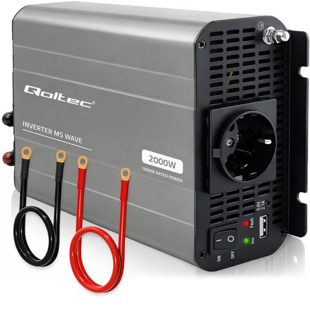 Qoltec Przetwornica napięcia MS Wave | 12V na 230V | 1000/2000W | USB | Kompatybilna z LiFePO4 GEL AGM