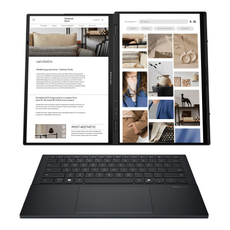 Asus | Zenbook Duo UX8406CA-QL287W | Inkwell Gray | 14 " | OLED | Touchscreen | FHD | 1920 x 1200 pixels | Intel Core Ultra 7 | 255H | 16 GB | LPDDR5X | Solid-state drive capacity 1000 GB | Intel Arc Graphics | Windows 11 Home | 802.11be | Bluetooth version 5.4 | Keyboard language US international | Keyboard backlit | Warranty 24 month(s) | Battery warranty 12 month(s)