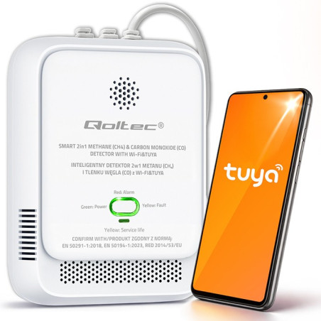 Qoltec 52654 2in1 natural gas and carbon monoxide (CO) leak detector | CH4 | CO | NG | Tuya | Wi-Fi | 85dB alarm | LED