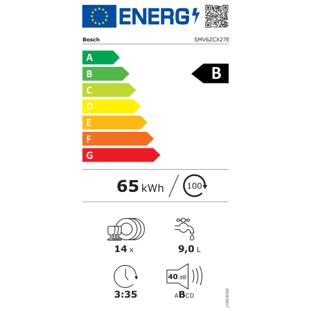 Bosch Dishwasher | SMV6ZCX27E | Built-in | Width 60 cm | Number of place settings 14 | Number of programs 6 | Energy efficiency class B | White