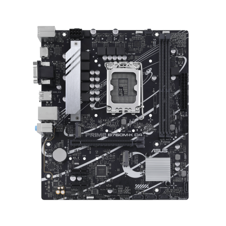 Asus | PRIME B760M-K D4 | Processor family Intel | Processor socket  LGA1700 | DDR4 DIMM | Memory slots 2 | Supported hard disk drive interfaces 	SATA, M.2 | Number of SATA connectors 4 | Chipset  Intel B760 | mATX