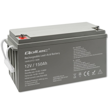 QOLTEC 53068 AGM battery 12V 150Ah max. 2250A