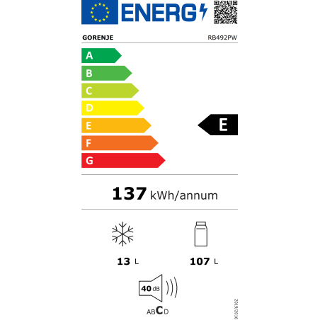 Gorenje | Refrigerator | RB492PW | Energy efficiency class E | Free standing | Larder | Height 84.5 cm | Fridge net capacity 107 L | Freezer net capacity 13 L | 40 dB | White