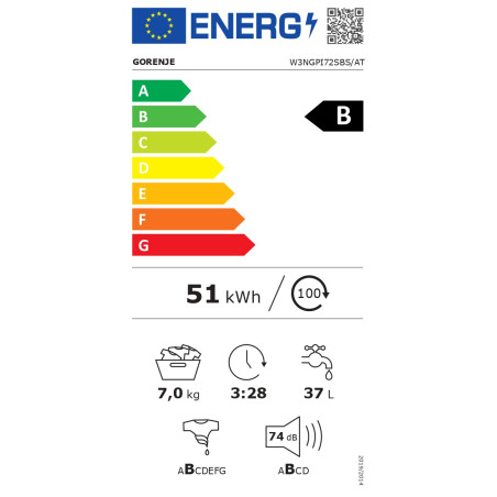 Gorenje | Washing machine | W3NGPI72SBS | Energy efficiency class B | Front loading | Washing capacity 7 kg | 1200 RPM | Depth 43.5 cm | Width 59.5 cm | Display | LCD | Steam function