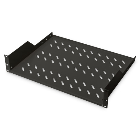 Digitus | 2U Fixed Shelf for Racks | DN-19 TRAY-2-SW | Perfect for storage of components which are not 483 mm (19”) suitable. Slim design which takes space of 2 height units. Easy and quick to mount or dismount. Dimensions 88x482x349 mm, up to 25 kg | Black