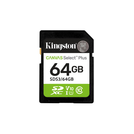 Kingston Canvas Select Plus | 64 GB | SD | Flash memory class Class 10, UHS-I, U1/U3, Video Class 10/30