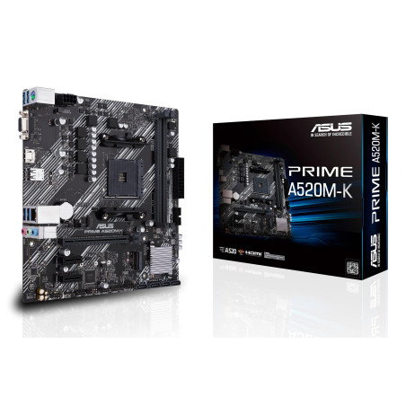 Mainboard|ASUS|AMD A520|SAM4|MicroATX|2xPCI-Express 3.0 1x|1xPCI-Express 3.0 16x|1xM.2|Memory DDR4|Memory slots 2|1x15pin D-sub|1xHDMI|2xUSB 2.0|4xUSB 3.2 type B|1xPS/2|3xStereo jack 3.5mm|1xRJ45|PRIMEA520M-K