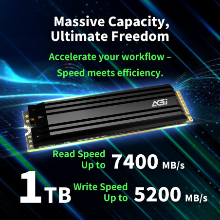 SSD|AGI|750xTBW rating|MTBF 2000000 h|Read speed 7400 MB/s|Write speed 5200 MB/s|NVMe Yes|PCI Express 4.0|M.2|1000 GB|AGI1T0G44AI828-CB