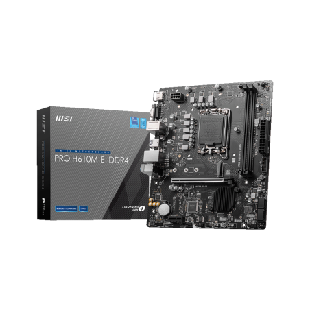 MSI | PRO H610M-E DDR4 | Processor family Intel | Processor socket  LGA1700 | DDR4 DIMM | Memory slots 2 | Supported hard disk drive interfaces 	SATA, M.2 | Number of SATA connectors 4 | Chipset Intel H610 | Mirco-ATX