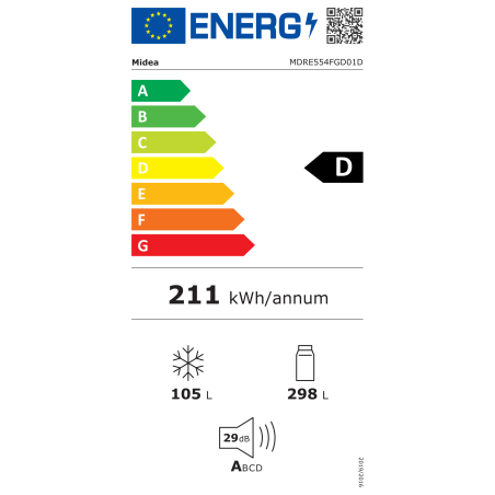Midea Refrigerator | MDRE554FGD01D | Energy efficiency class D | Built-in | Combi | Height 195.3 cm | No Frost system | Fridge net capacity 298 L | Freezer net capacity 105 L | 29 dB | White