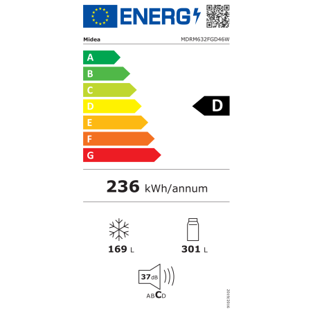 Midea Refrigerator | MDRM632FGD46W | Energy efficiency class D | Free standing | Height 177.5 cm | Side by Side | No Frost system | Fridge net capacity 301 L | Freezer net capacity 169 L | 37 dB | Stainless steel