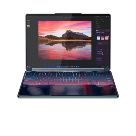 Lenovo Yoga Book 9 14IAH10 Intel | Tidal Teal | 2x14 " | OLED | Touchscreen | 2.8K WQXGA+ | 2880 x 1800 pixels | Intel Core Ultra 7 | 255H | 32 GB | Soldered LPDDR5X | Solid-state drive capacity 1000 GB | Intel Arc 140T GPU | Windows 11 Home | 802.11be | Bluetooth version 5.4 | Keyboard language English | Keyboard backlit | Warranty 24 month(s) | Battery warranty 12 month(s)