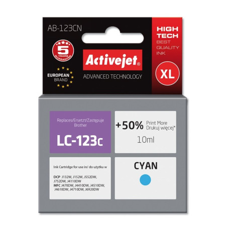 Activejet AB-123CN Ink (replacement for Brother LC123C/121C; Supreme; 10 ml; cyan)
