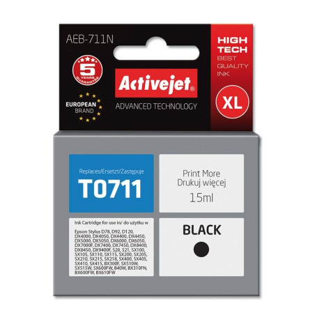 Activejet AEB-711N Ink (replacement for Epson T0711, T0891, T1001; Supreme; 15 ml; black)