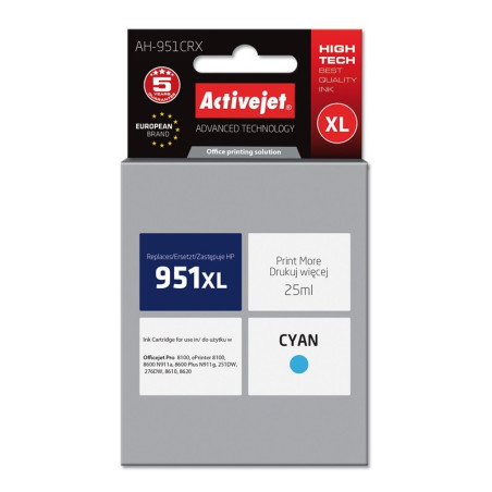 Activejet AH-951CRX Ink (replacement for HP 951XL CN046AE; Premium; 25 ml; cyan)