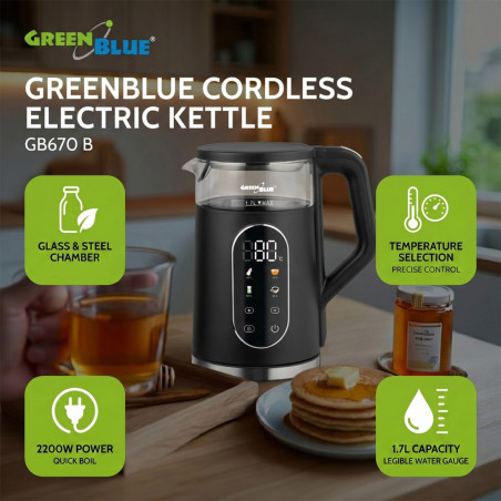 GreenBlue Cordless Electric Kettle, 1.7 L capacity, glass water tank, easy-to-read display, temperature selection, 2200 W, GB670 B