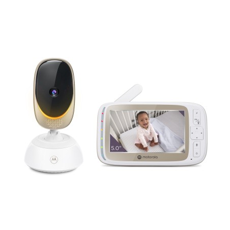 Motorola | Wi-Fi Video Baby Monitor with Mood Light | VM85 CONNECT 5.0" | 5" TFT color display with 480 x 272 resolution; Lullabies; Two-way talk; Room temperature monitoring; Infrared night vision; LED sound level indicator; Wi-Fi connectivity for on-the-go viewing; 2.4GHz FHSS  wireless technology for in-home viewing; Remote pan scan, digital tilt and zoom; Remote pan scan, digital tilt and zooml; High sensitivity microphone; Secure and private connection; Multi-color mood light | White/Gold