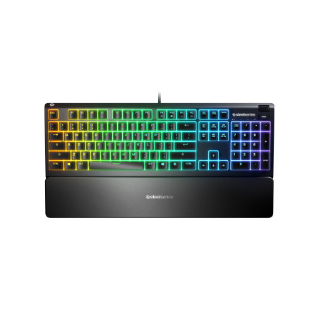 SteelSeries Apex 3 Gaming Keyboard, US Layout, Wired, Black SteelSeries Apex 3  Gaming keyboard, IP32 water resistant for protection against spills, Customizable 10-zone RGB illumination reacts to games and Discord, Whisper quiet gaming switches last for