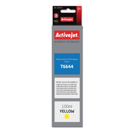 Activejet AE-664Y Ink Bottle (Replacement Epson T6644; Supreme; 100 ml; Yellow)