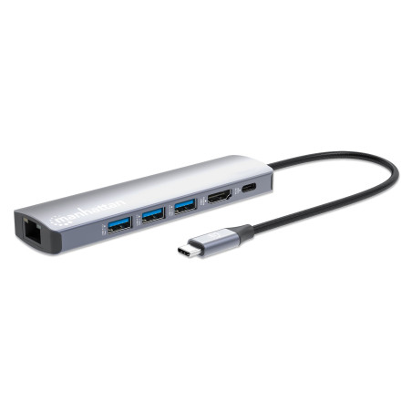 Manhattan USB-C Dock/Hub, Ports (x6): Ethernet, HDMI, USB-A (x3) and USB-C, with Power Delivery (PD) 100W- requires external USB-C charger (not included). USB powered (no external power supply required) when PD is not in use