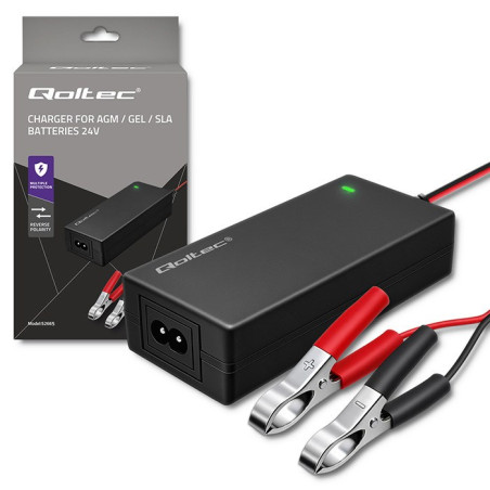 Qoltec 52665 Automatic charger for AGM GEL STD batteries | 24V charger | 2A | 48W | LED | 1.8m cable