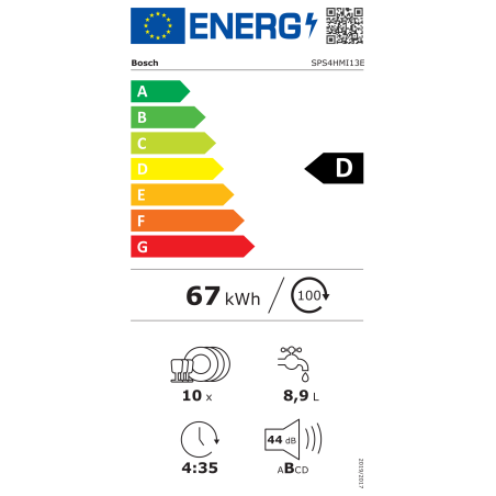 Bosch Dishwasher | SPS4HMI13E | Free standing | Width 45 cm | Number of place settings 10 | Number of programs 6 | Energy efficiency class D | Display | AquaStop function | Brushed steel