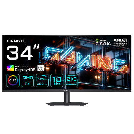 GIGABYTE MO34WQC36 34” WQHD Curved Gaming Monitor - 3440 x 1440, 360Hz, 0.03ms, KVM, 300 cd/m², FreeSync Premium Pro, DisplayHDR True Black 500, HDMI 2.1, Displayport 2.1