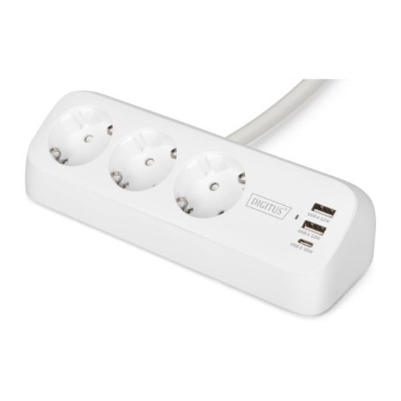 Digitus 3-way office socket strip with 2x USB-A and 1x USB-C connections, white