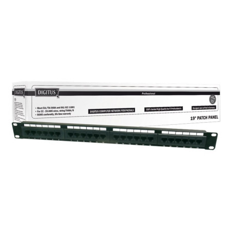 Digitus | Patch Panel | DN-91524U | 48.2 x 4.4 x 10.9 cm | Category: CAT 5e; Ports: 24 x RJ45; Retention strength: 7.7 kg; Insertion force: 30N max | Black